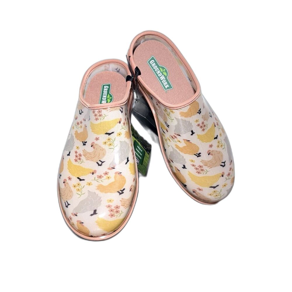 Groundwork Clogs Women's 9 CHICKEN Print Garden Shoes Waterproof Slip On NWT